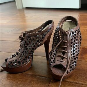 Shoedazzle | Brown Peep-Toe Lace-Up Heels